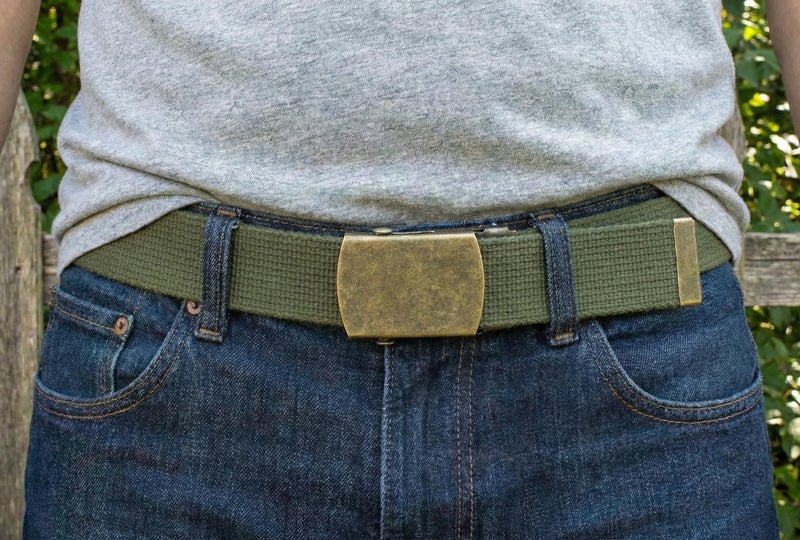 BC Belts Canvas Web Belt Military Style with Antique Brass Buckle and Tip 50" Long (Olive) - Image 2